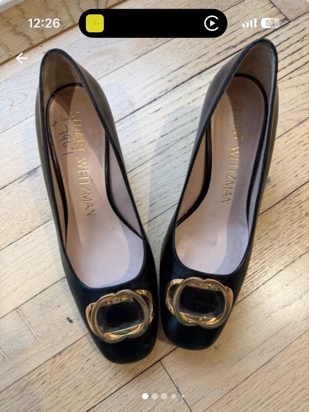 Stuart Weitzman Black Leather Pumps with Gold Buckle Accent